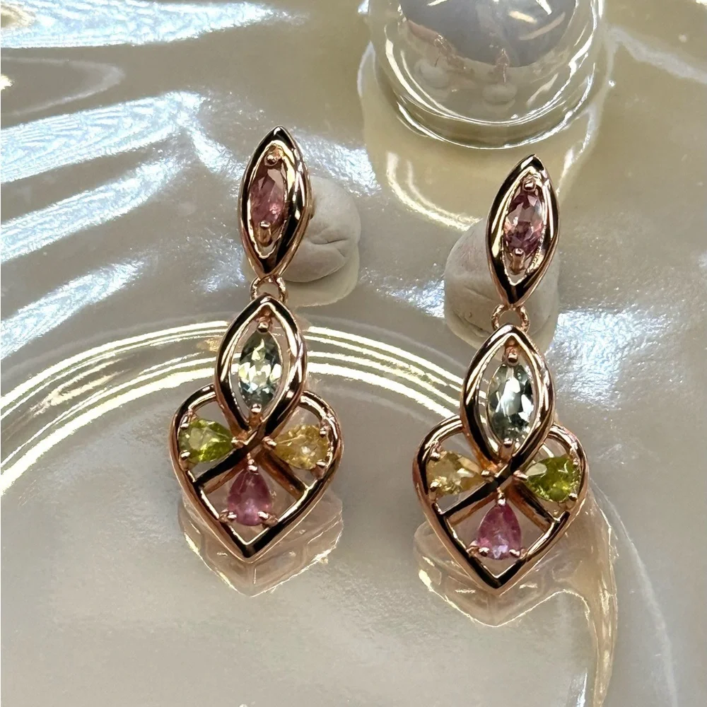 ETR2 2CT Natural Rainbow Tourmaline ART DECO HEART Earrings 18K Rose Gold S925
